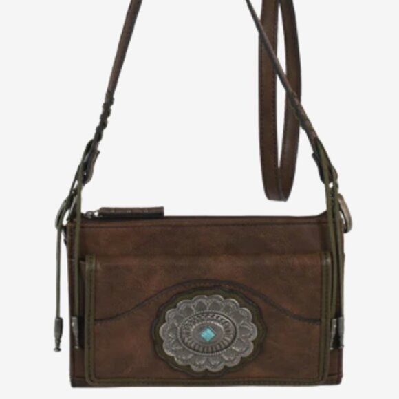 TONY LAMA MEGA WALLET (RFID) ON ADJ STRAP BROWN WITH CONCHO & Turquoise Accent - Picture 4 of 16